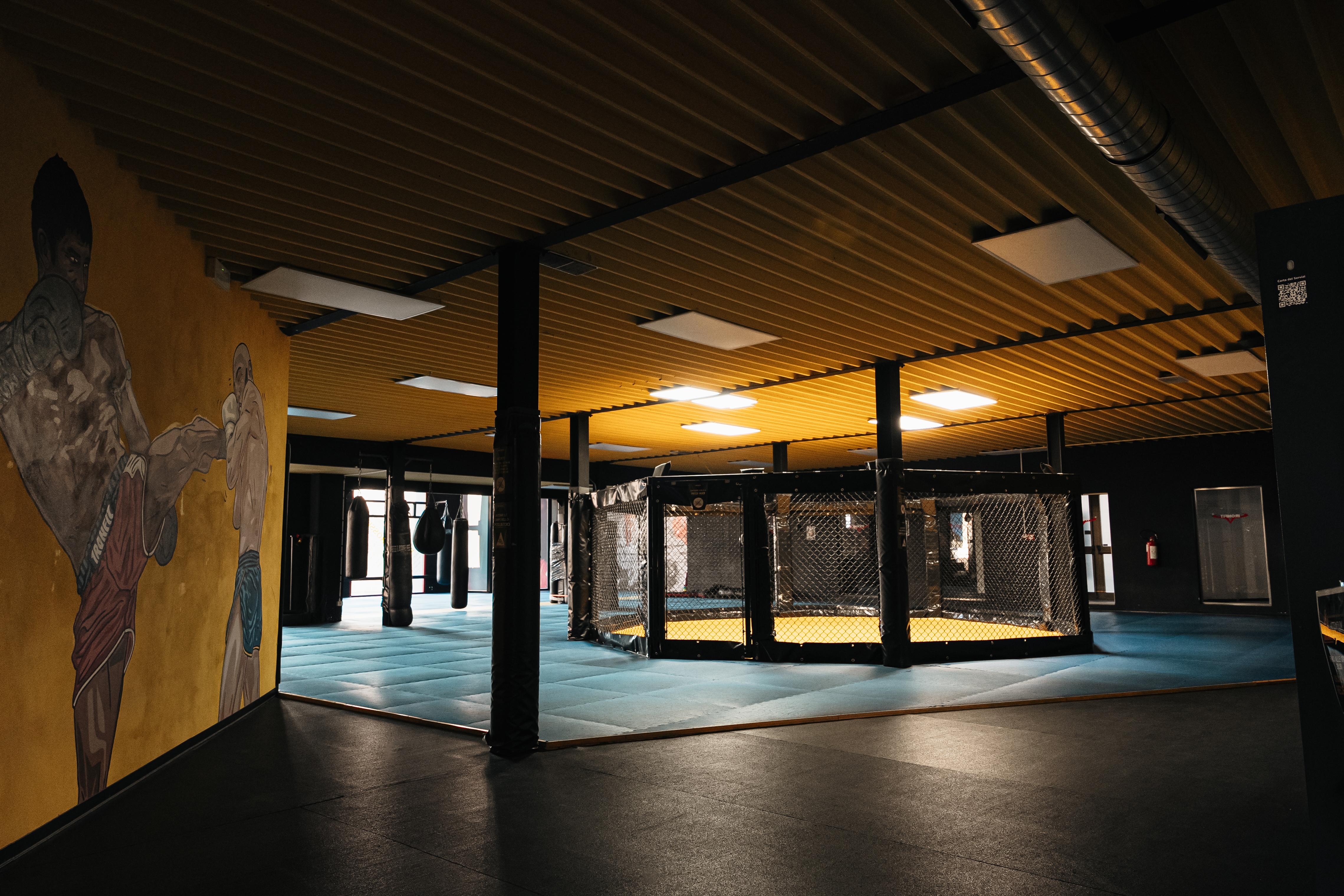 Gabbia MMA palestra Monza — sala arti marziali con octagon, tatami e sacchi da boxe per corsi e shooting